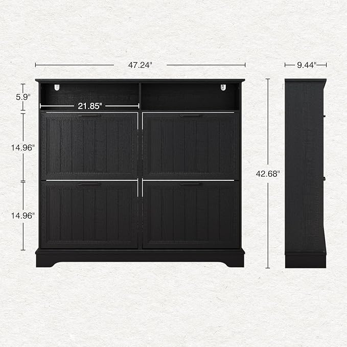 Shoe Storage Cabinet with 4 Flip Drawers, Farmhouse Modern Hidden Shoes Rack Cabinet with Adjustable Shelves & Open Storage, Narrow Slim Shoe Organizer for Front Door Entrance, Entryway, Hallway,Black - Image 2
