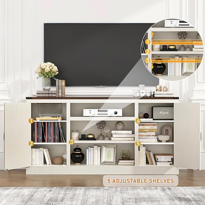Hlivelood 66" Farmhouse TV Stand with Power Outlets for 75 Inch TVs, 33" Tall Entertainment Center with Storage Cabinets w/Adjustable Shelves, Rustic Large TV Media Console, Rustic White - Image 4