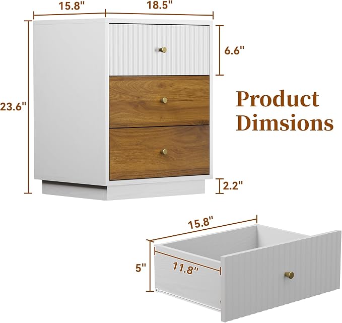 23.6" Tall Night Stand with 3 Storage Drawers, Fluted Nightstand with Metal Handles, Modern End Table Bedside Table Chest for Bedroom, White and Natural - Image 2