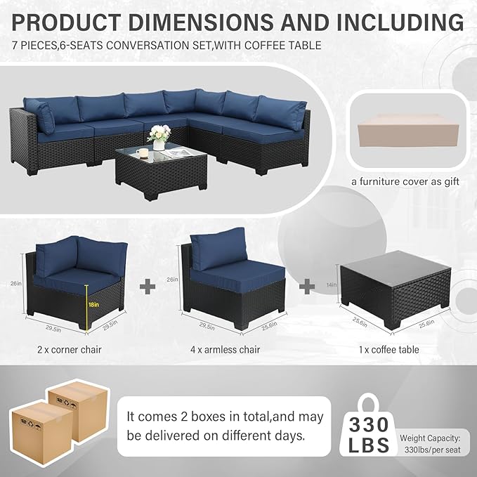 Valita 7 Pieces Outdoor Wicker Furniture Conversation Set Patio Sectional Sofa Set Glass Table with Non-Slip Cushions Furniture Cover, Navy Blue