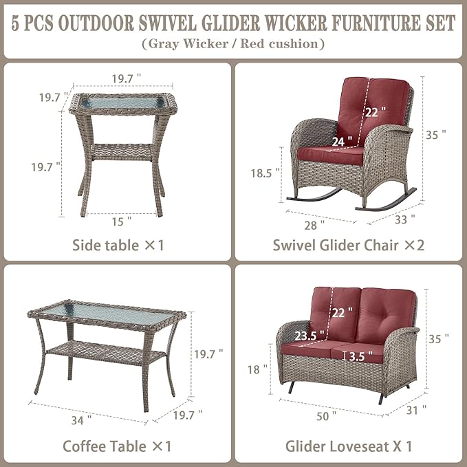 Belord 5 Piece Outdoor Conversation Patio Furniture Set - All-Weather Wicker Patio Rocking Chairs with Loveseat Glider Chair and Coffee Table for Patio Deck Porch Backyard Gray Wicker Red Cushion