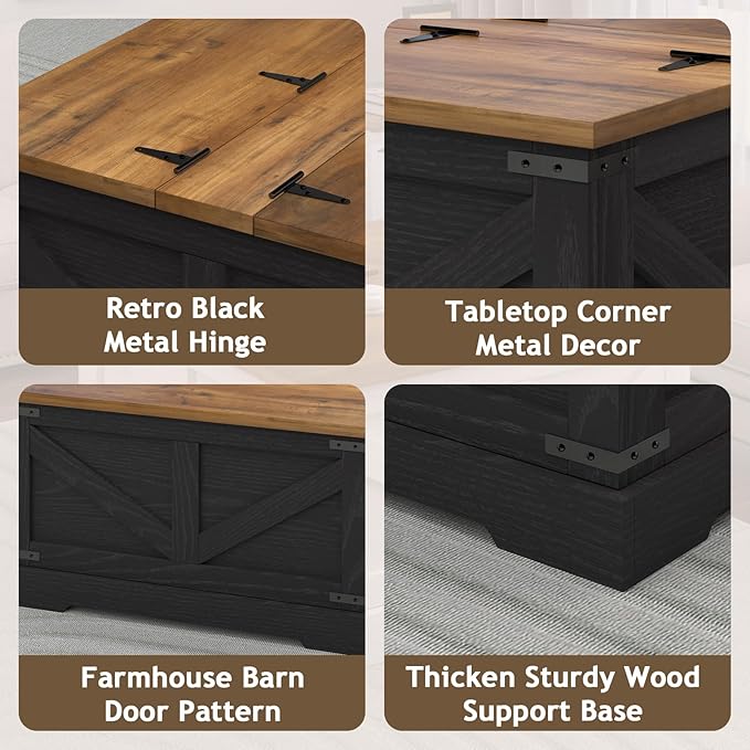 Farmhouse Coffee Table with Hidden Storage Compartment, Black Square Coffee Table for Living Room, Wood Center Table with Hinged Lifting Tabletop for Home