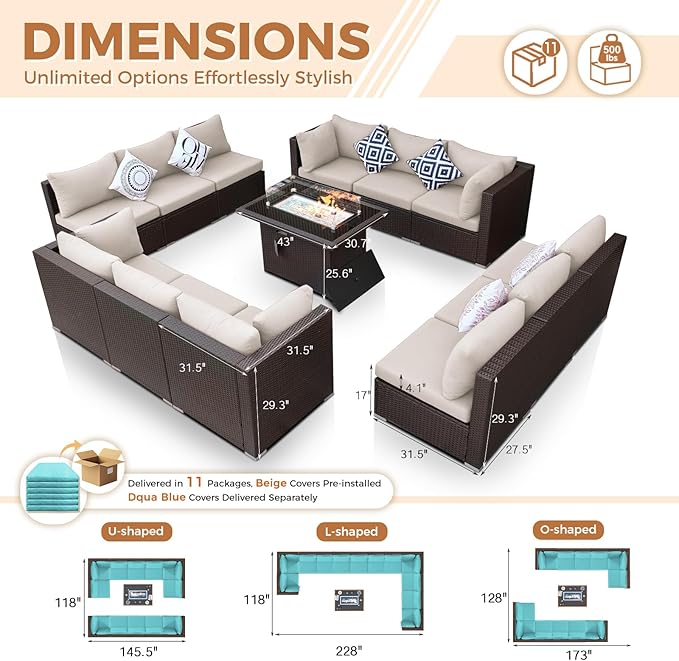 BULEXYARD 13 Piece High Back Wicker Patio Furniture Sets with Fire Pit, Modern Elegant Outdoor Seating Set Modular, Comfy Extra Deep Wide 12-Person Sectional Couch Sofa for Backyard, Brown & Turquoise