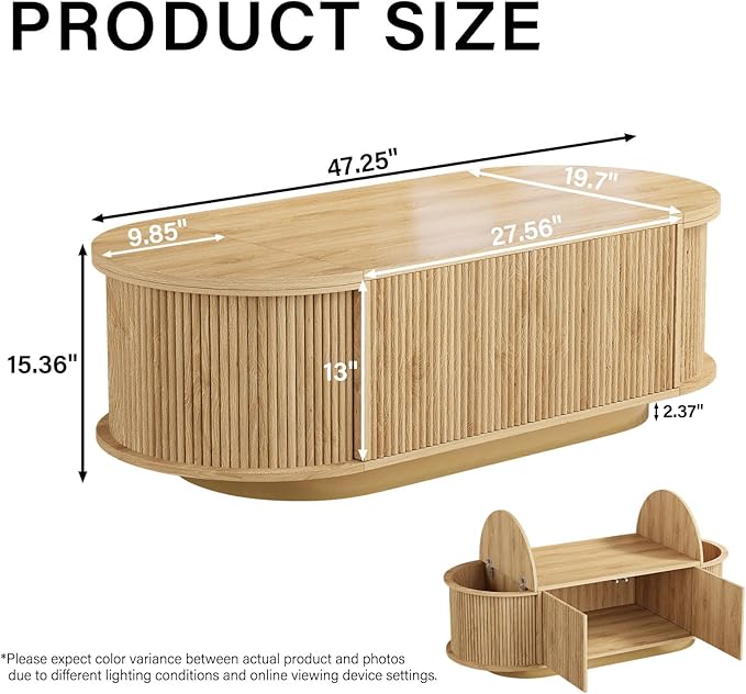 HSH Farmhouse Oval Coffee Table with Storage, 47” Modern Coffee Table with Press Type Door, Fluted Living Room Tables with 2 Flip-Top Hidden Lids, Wood Center Table for Living Room, Office Oak