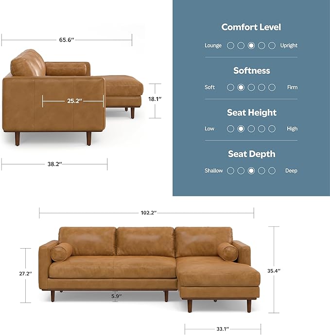 SIMPLIHOME Morrison Right Sectional Sofa in Full-Grain Genuine Leather, Sienna, 102-inches Wide, L-Shaped Leather Couch with Right Chaise for the Living Room and Family Room