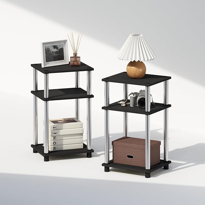 Furinno Just 3-Tier Turn-N-Tube Open Storage Nightstand, 2-Pack, Americano, Stainless Steel Tubes by Furinno-FitsYourSpaceFitsYourBudget