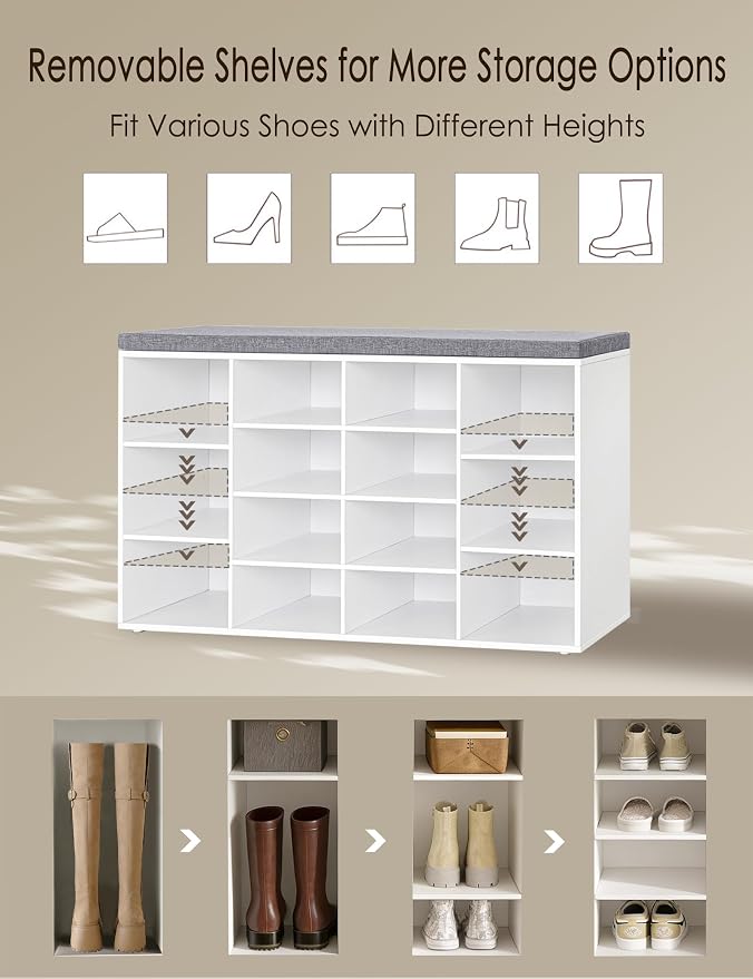 DINZI LVJ Shoe Storage Bench with Cushion, 14-Cubby Shoe Rack, Adjustable Shelves, Multifunctional Shoe Organizer Bench for Entryway, Mudroom, Hallway, Living Room, Bedroom and Garage, White - Image 4