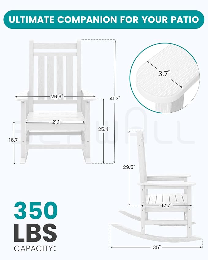 SERWALL Oversized Rocking Chair, Outdoor Rocking Chair for Adults, All Weather Resistant Porch Rocker for Lawn Garden, White - Image 3