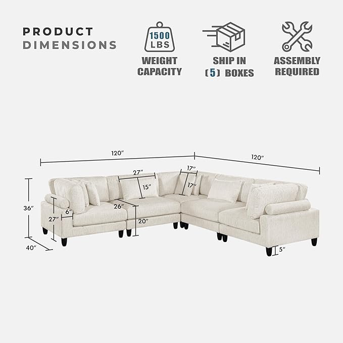 Lexicon 120 Inch Modular Sectional Sofa - Oversized 5 Seater Microfiber L Shaped Sectional Couch, 8 Accent Pillows, and Flexible Arrangement for Modern Living Rooms, Beige