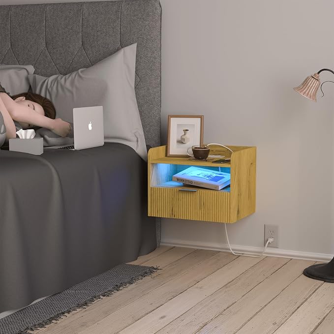 Veegle Floating Nightstand with Charging Station and LED Lights (Yellow Oak) - Image 3