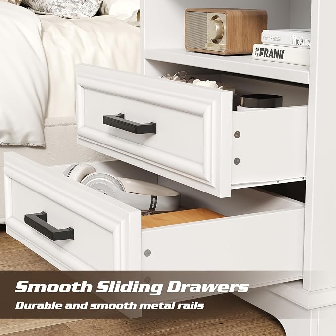 knoworld 24 Inch Wide Farmhouse Nightstands with Charging Station, White Nightstand with 2 Large Drawers, Rustic Wood End Table for Bedroom - Image 5