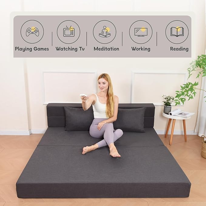 Folding Sofa Bed with Pillow, Foldable Bed Sleeper Chair with Washable Cover, Convertible Sofa Chair, Fold Out Couch,Futon Couch for Living Room, Dorm, Guest Room, Queen Size, Dark Grey