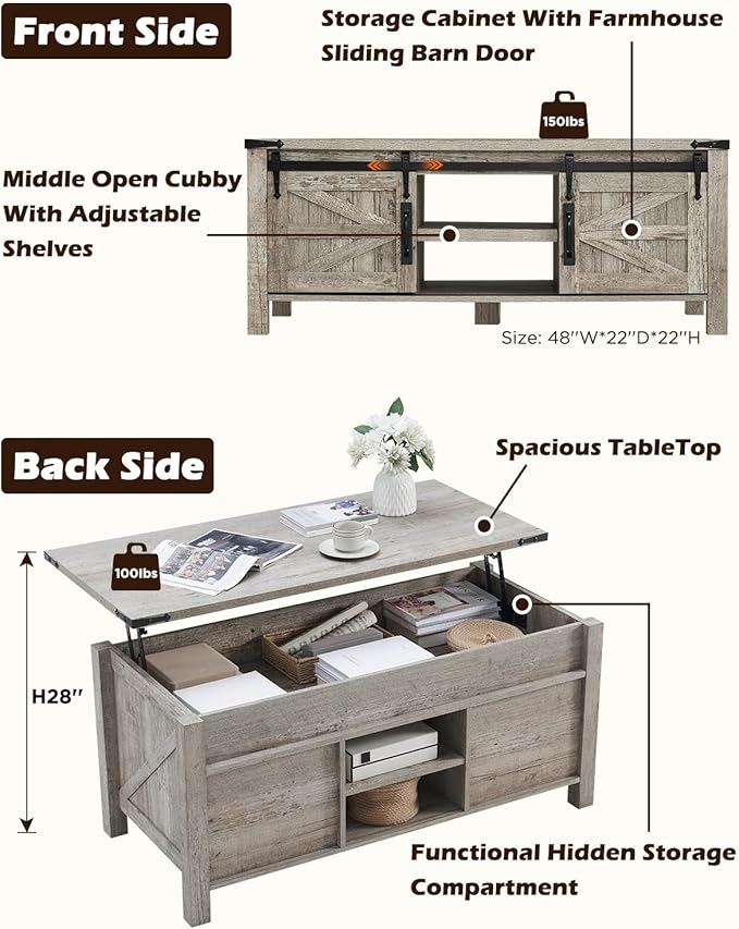 OKD 48" Farmhouse Lift Top Coffee Table with Sliding Barn Door,Rustic Center Table w/Hidden Storage Compartment, Lift Tabletop Dining Table w/Adjustable Shelf for Living Room,Light Rustic Oak