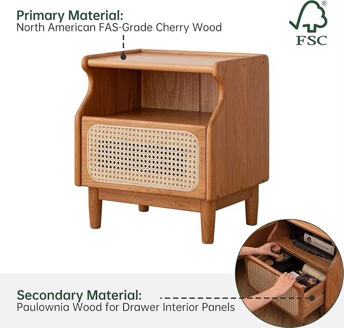 YESWOOD Cherry Wood Nightstand with Drawer, Rattan Nightstand, Natural Wooden Side Table, 19.3" H Bedside Table with Open Shelf, Small Nightstand for Bedroom - Image 7