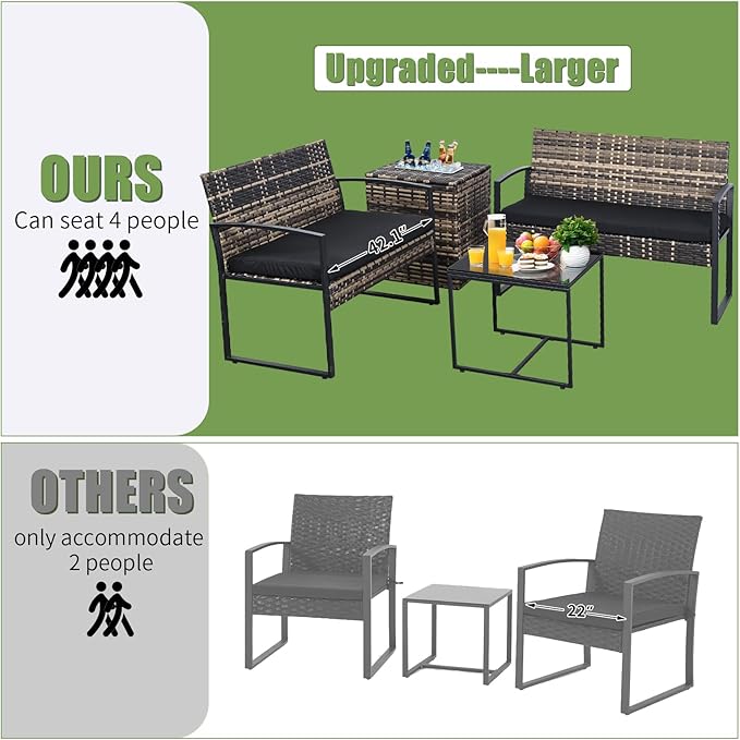 FHFO 4 Piece Outdoor Patio Furniture Set with Built-in Beverage Cooler Storage Box, Wicker Conversation Sets Patio Outdoor Loveseats & Coffee Table for Outside, Garden, Balcony, Porch, Yellow/Black