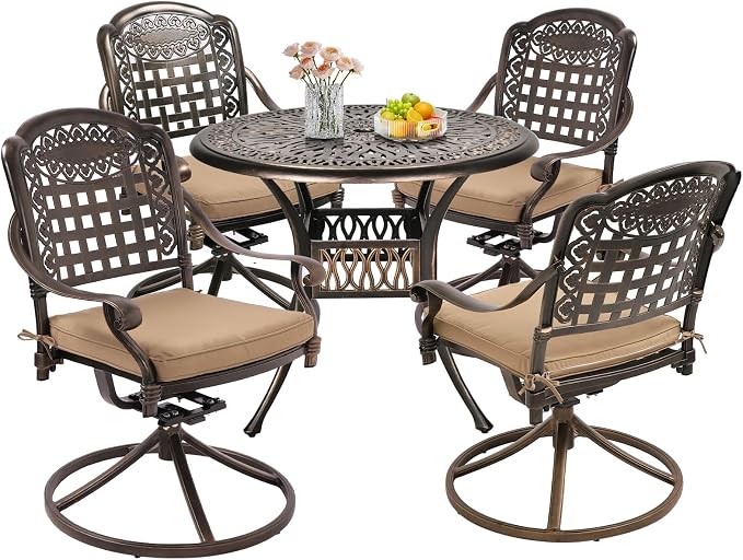 Grepatio 5 Piece Outdoor Dining Set Cast Aluminum Patio Table and Chairs Outside Furniture 4 Mesh Swivel Chairs with Khaki Cushion and 1 Umbrella Hole Round Dining Table for Lawn Garden (Grid Khaki) by Takesyoutohaveawonderfullife