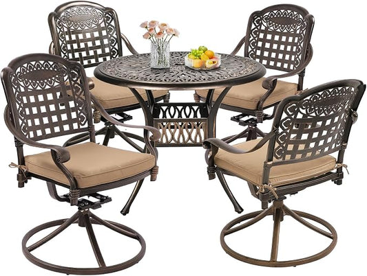 Grepatio 5 Piece Outdoor Dining Set Cast Aluminum Patio Table and Chairs Outside Furniture 4 Mesh Swivel Chairs with Khaki Cushion and 1 Umbrella Hole Round Dining Table for Lawn Garden (Grid Khaki) by Takesyoutohaveawonderfullife