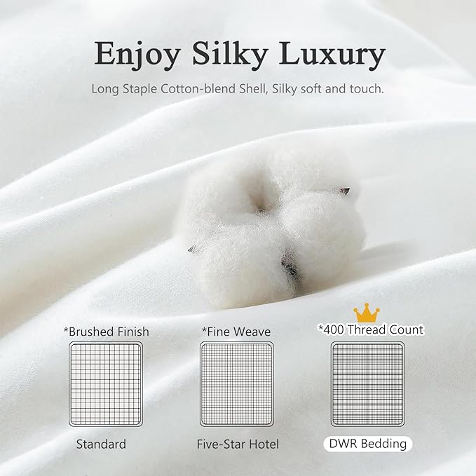 DWR Superior Luxury Feather Down Comforter Oversized Full/Queen Size, Ultra-Soft Rose-Silk Cotton-Blend Fabric, High FP All Season Medium Warmth Bed Duvet Insert(98"x98", White)