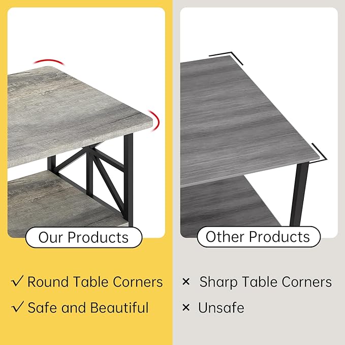 AWQM Gray Coffee Table for Living Room with Round Corners, 2 Tier Living Room Table with Storage Shelf,Rectangular Coffee Table Center Table for Small Spaces,Easy Assembly
