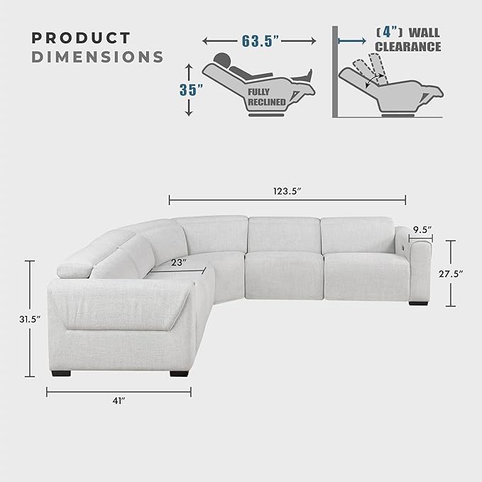 Lexicon Power Reclining Sectional Couches for Living Room-Modular Sectional Sofa, Wall Hugger, 3 Recliner Seats, Power Headrests, Charging Ports, 5 Seater Couch, Chenille Cloud