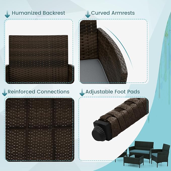 DORTALA Wicker Patio Furniture Set 4 Piece, Outdoor PE Rattan Table & Chairs Set with Tempered Glass Coffee Table, Loveseat, Cushions, Conversation Set for Balcony, Porch, Backyard, Deck, Gray