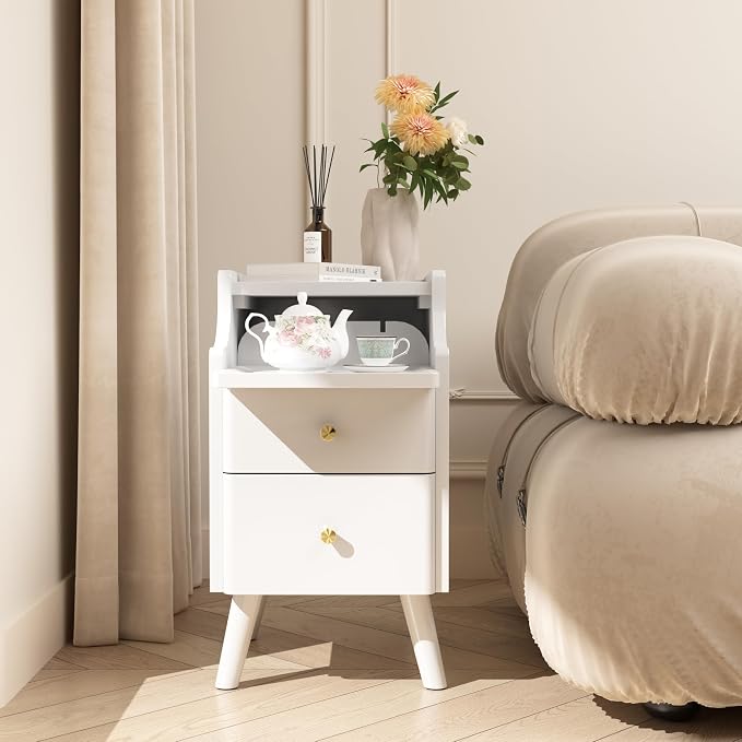 Narrow Nightstand, Solid Wood Night Stand with 2 Drawers, White Mid Century Modern Nightstand, Small Beside Table with Open Storage Shelf for Bedroom（12 inch - Image 9