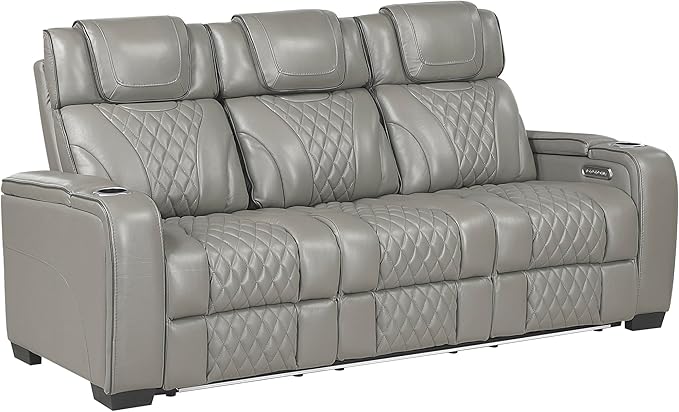 Lexicon Power Double Reclining Sofa, Center Drop-Down Table with Heat/Massage/Headrest/Storage Arms/Cup Holders/LED Lights/Wireless Charging, Top Grain Leather Match Wall Hugger Recliner Sofa, Grey