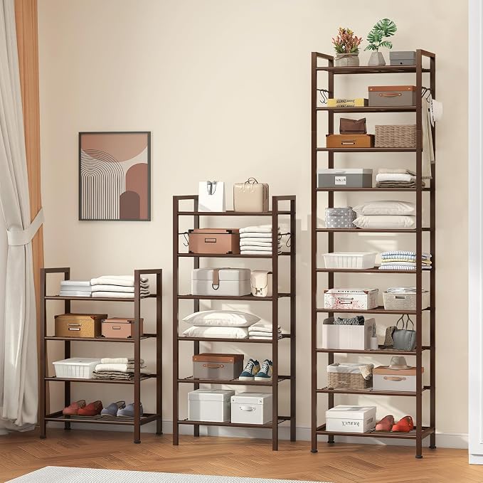 usikey 10 Tiers Narrow Shoe Rack 20-30 Pairs, Sturdy Metal Tall Shoe Rack Shelf with 4 Hooks, Slim Shoe Storage with Metal Shelf, Space Saving Vertical Shoe Organizer for Entryway Bronze UNYXJX018A - Image 4