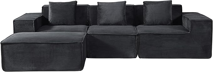 Rowan Convertible Corduroy Sectional Couch with Ottoman & Pillows, Modular L Shaped Sleeper Sofa, Boneless Cloud Couch for Living Room Furniture, Black
