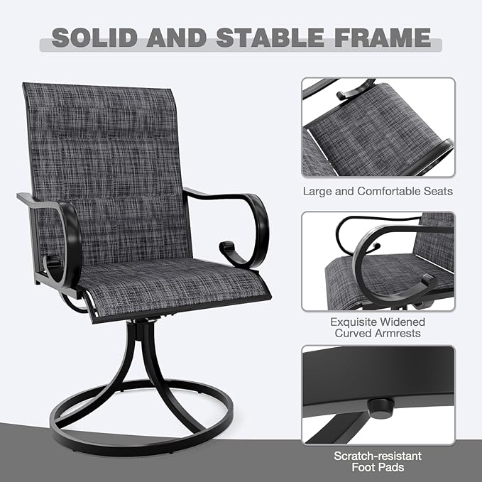 MELLCOM Patio Swivel Chair Set of 6, High Back Padded Textilene Outdoor Dining Chairs with E-Coating Metal Frame, All-Weather Outdoor Furniture Rocker for Backyard, Porch, Garden, Lawn, Grey - Image 7
