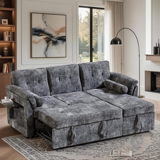 Convertible Queen Sofa Bed, 63 Inch Chenille Pull Out Couch with Side Table, 3 Seat Pull Out Sofa Bed with Level Adjustable Backrest, Comfy Sleeper Sofas for Living Room, Apartment, Gray