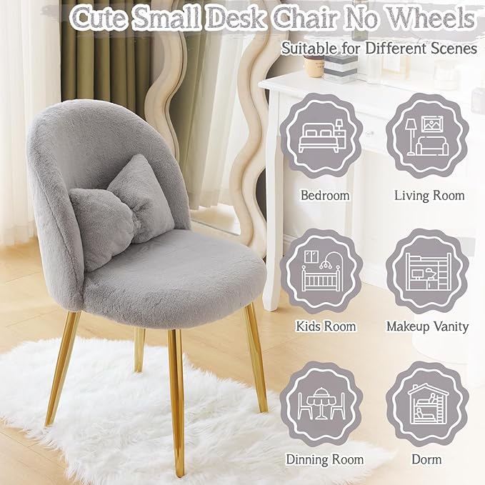 VINGLI Fluffy Girls Vanity Chair with Back & Pillow,Cute Small Cozy Desk Chair No Wheels,Comfy Makeup Ch with Ajustable Gold Legs,for Bedroom,Living Room,Small Space,Grey