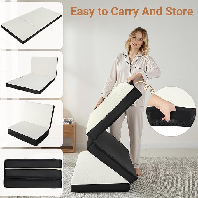 Foldable Mattress Full, Memory Foam Tri-Fold Mattress with Removable Washable Cover, 4 inch Folding Mattresses Floor Bed Sleeping Pad for Guest, RV, Travel, Camping, White, 73"x52"x4"