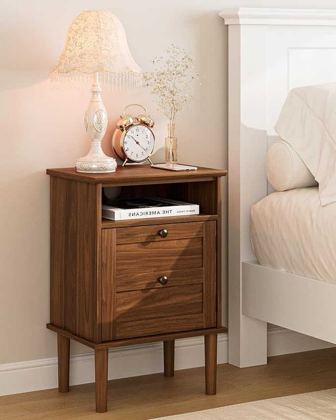 Nightstand, Boho Night Stand with 1 Drawer, Modern Side Accent Table with Open Shelf, Wooden Top Bedside End Table for Bedroom, Living Room, Walnut by Unknown