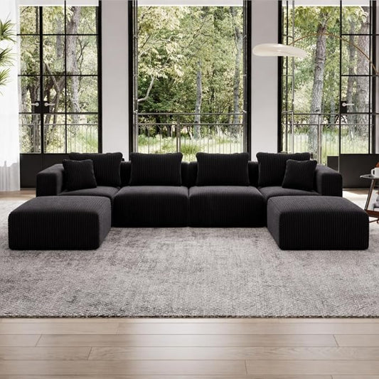 Avenco 141” U-Shaped Modular Sectional with 2 Ottomans, Individually Wrapped Coil Support & Corduroy Fabric, Zero Assembly 6-Piece Set for Spacious Living Room, Black