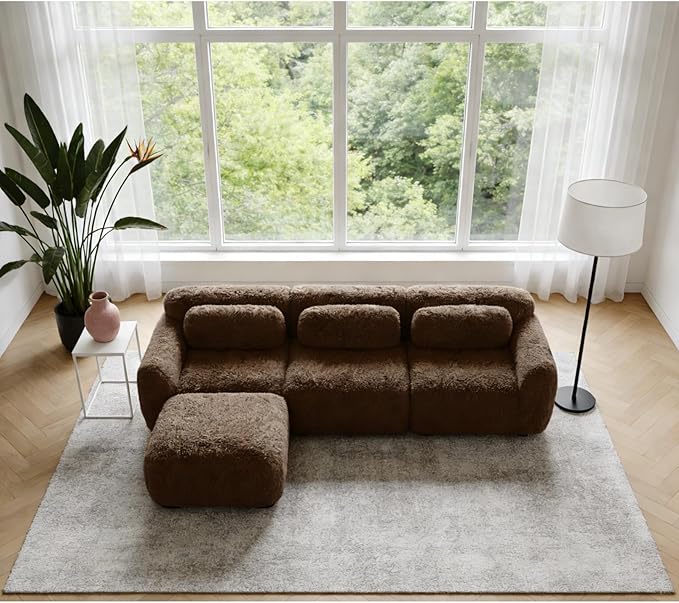 114.7" L-Shaped Boneless Modular Sofa, Plush Foam Lounge Couch, 32D High Density Sponge, Plush Convertible Sofa Set Deep Seat Couches for Living Room, Bedroom and Apartment, Chocolate