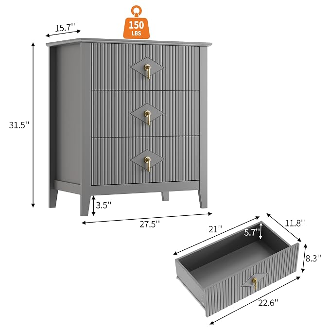 GarveeHome Wood Nightstand Fluted Dresser for Bedroom, 27.5" Wide 3-Drawer Bedside Tables, Modern Chest of Drawers, Storage End Table Living Room, Hallway, Entryway, Grey - Image 2