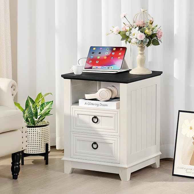 Joaxswe 18" Farmhouse Night Stand with Charging Station, 2 Drawers End Table Dresser for Bedroom, White Wooden Nightstand, Bed Side Table with Open Shelf, Bedside Cabinet for Living Room, Closet - Image 6