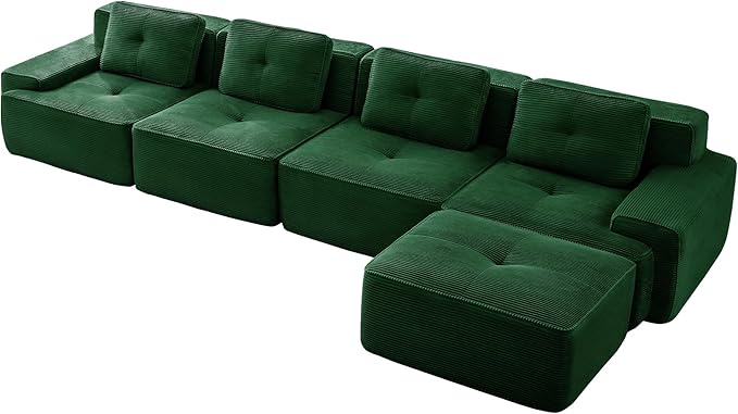 Casaphoria 150'' Corduroy Cloud Couch, 4-Seat L-Shaped Sectional Sofa with 4 Pillows & Ottoman for Living Room, Deep Seat Boneless Couch for Modern Apartment, No Assembly Required, Green