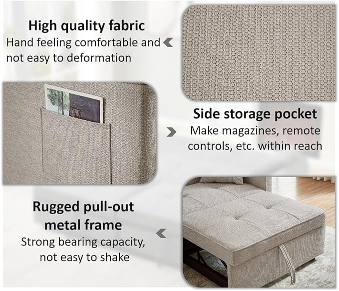 82" 3 in 1 Convertible Sleeper Sofa Bed, Modern Fabric Pull Out Couch, Loveseat Sofa with Pillows & Pockets, Futon Couch Bed Reclining Backrest for Living Room, Bedroom, Apartment, Beige