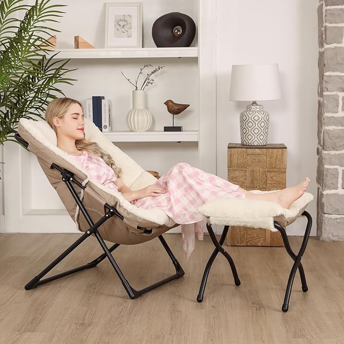 Comfy Saucer Chair for Adults, Soft Faux Fur Bedroom Chair with Ottoman, Accent Dorm Chairs, Living Room Reading Chairs and Footstool, Folding Seat for Teens, X-Large, Beige