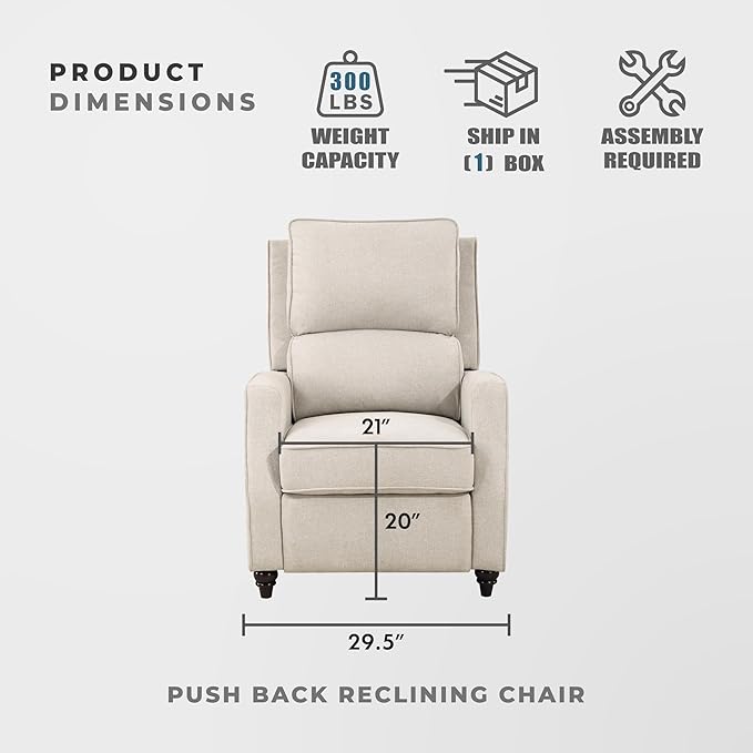 Lexicon Push Back Recliner Chair Living Room, Reclining Sofa Chair, Modern Recliner, Fabric Recliner Arm Seat for Living Room/Office/Apartment, Beige