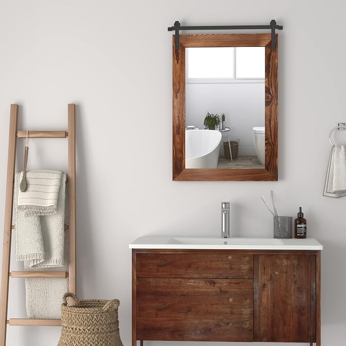 COGOOD Bathroom Mirrors for Over Sink - 26" X 17" Farmhouse Barn Door Wall Mirror for Bathroom, Living Room, Entryway Wall Decorative Brown - Image 2