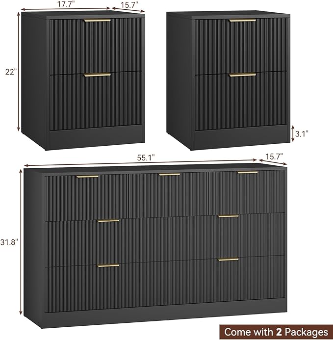 7 Drawer Dresser & Nightstand Set 3-Piece, 55” Wide Bedroom Dressers and Night Stand Set of 2 with Metal Handle, Fluted Modern Wood Chest of Drawers Storage Dressers Set for Bedroom, Black