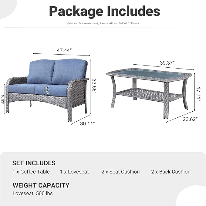 ovios 2-Piece Patio Furniture Set, Outdoor Wicker Sofa with Coffee Table, High Back Rattan Couch Loveseat with Comfy Cushions for Porch Yard Deck, Denim Blue