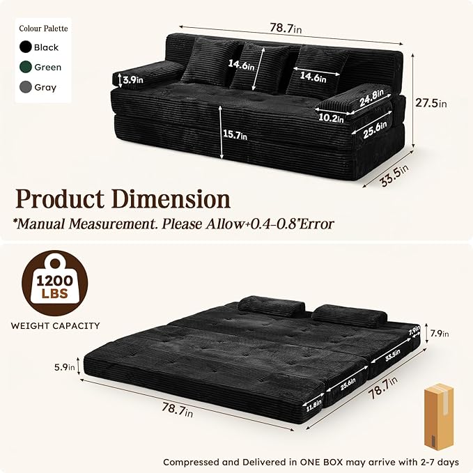 78.7IN Folding Sofa Bed - Convertible Sleeper Sofa Couch with Removable Pillows, 3 Seater Couches Bed for Living Room, Bedroom, Apartment, No Assembly Required, Freestanding, Corduroy, Black