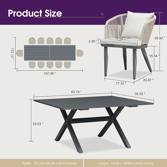 PURPLE LEAF 14 Pieces Patio Dining Set Wicker Outdoor Furniture Rectangular Table and Chairs Set for Garden Deck Aluminum Frame Backyard Kitchen Set, Cushions and Pillows Included Taupe - Image 8