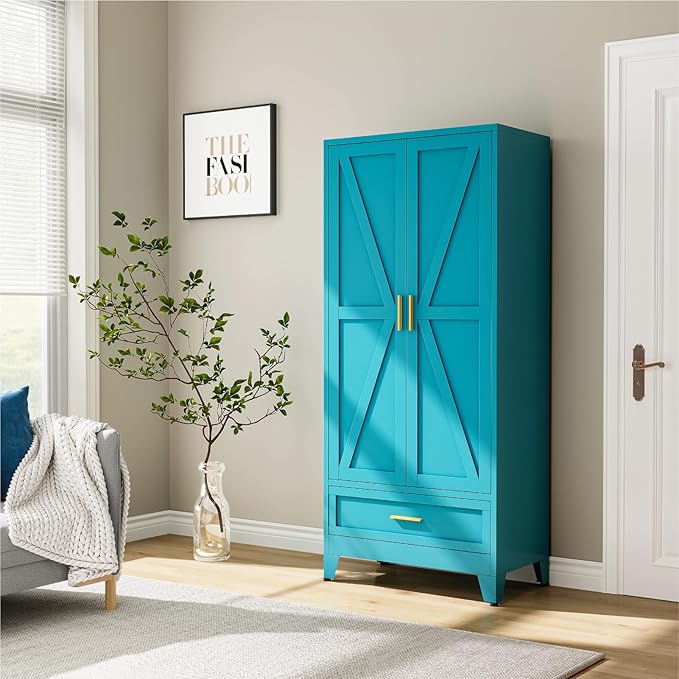 Metal Wardrobe Cabinet, 71" Tall Armoire Wardrobe Closet with Drawer,Hanging Rod and Adjustable Shelf, Farmhouse Clothing Storage Cabinet for Bedroom, Laundry