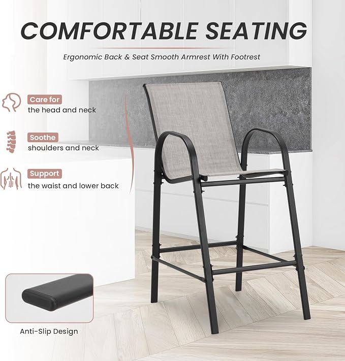 HOMREST Outdoor Bar Height Stools Set of 8,High Back Patio Chairs with Armrests,Textilene Chairs with Breathable Fabric & Metal Frame for All Weather,Light Grey - Image 5
