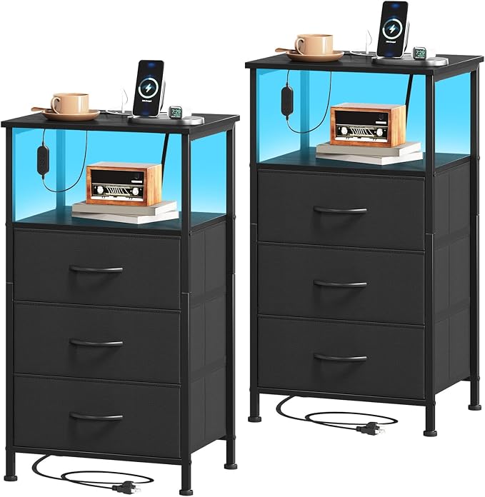 Somdot Nightstands Set of 2,Bedside Tables with Charging Station and LED Lights,Night Stand with 3 Fabric Drawers, End Tables with Open Shelf for Small Spaces Bedroom Entryway Hallway, Black by Somdot
